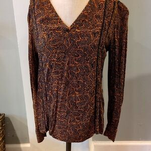 Hinge Floral V-Neck Blouse - Navy Blue and Orange